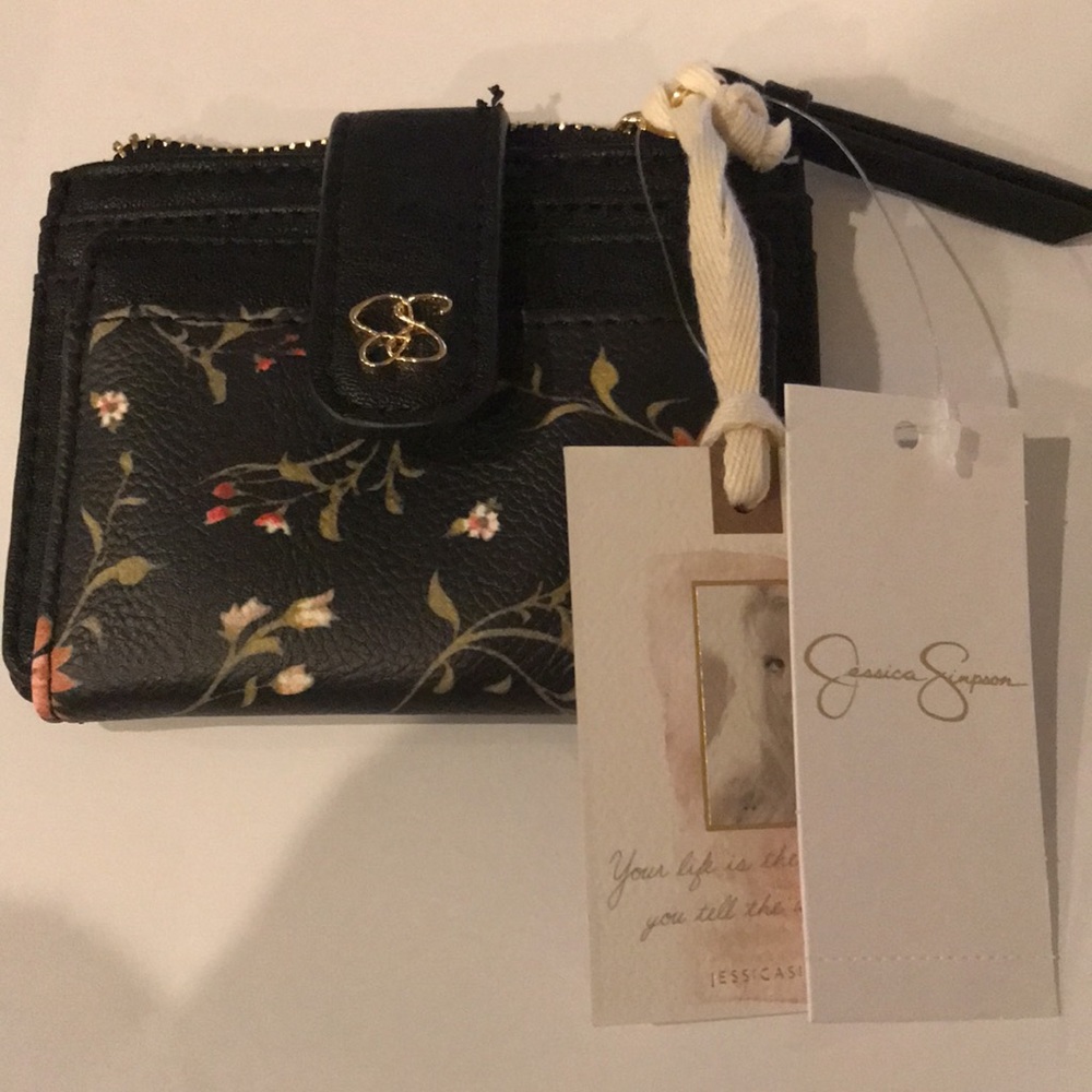 Jessica Simpson signature floral and Black wallet/card case. ID window NIB